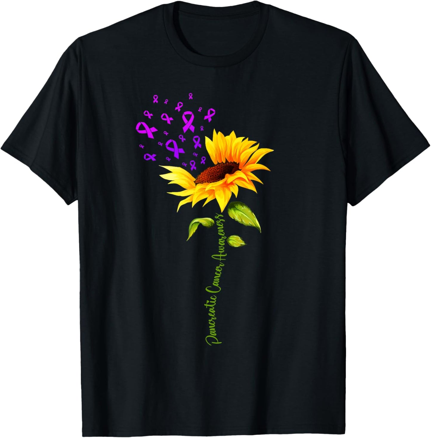 Pancreatic Cancer Awareness Sunflower Purple Ribbon Support T-Shirt - T-Shirt | Black