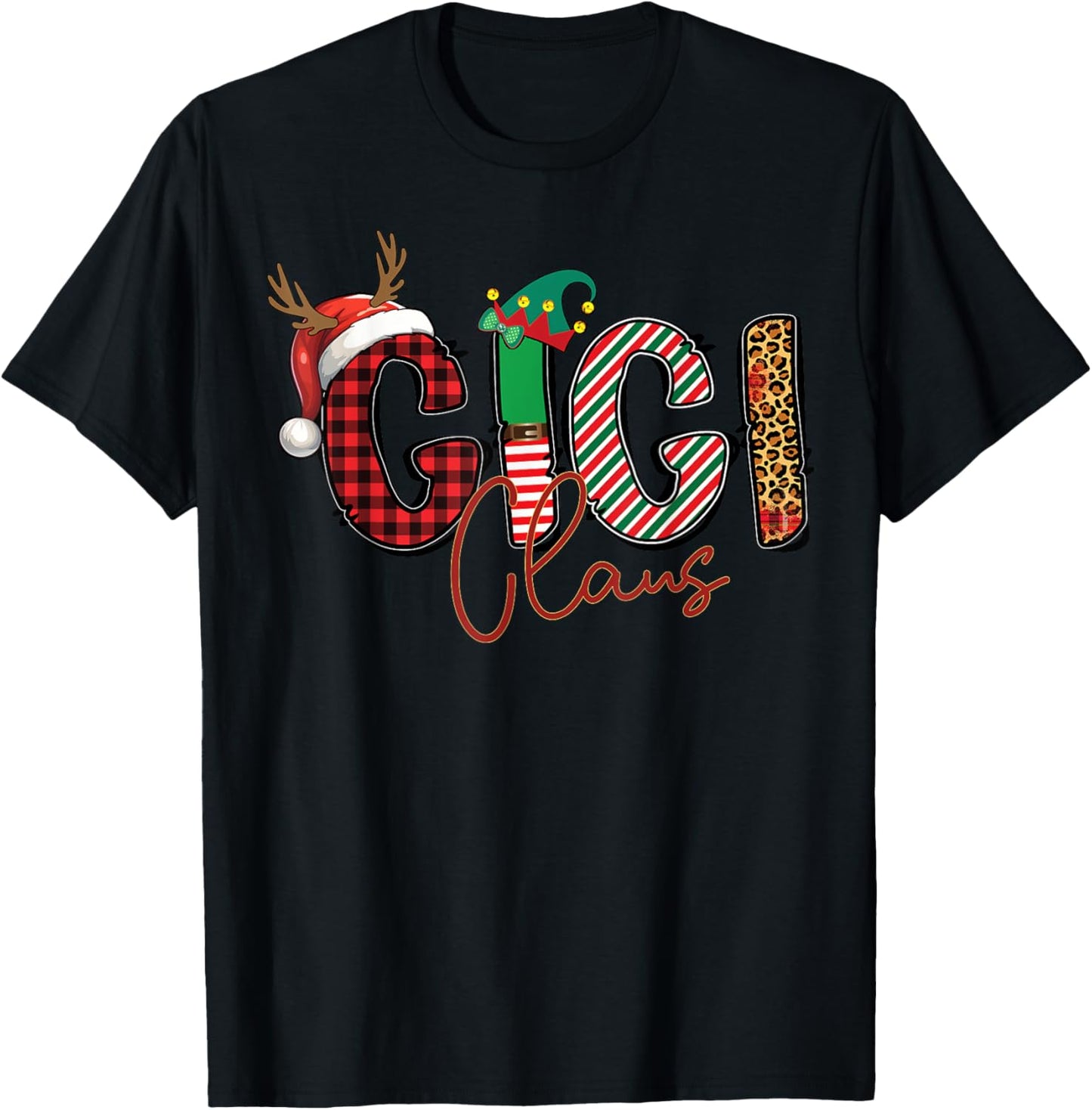 Gigi Claus Santa Hat Reindeer Leopard Plaid Matching Family T-Shirt - T-Shirt | Black