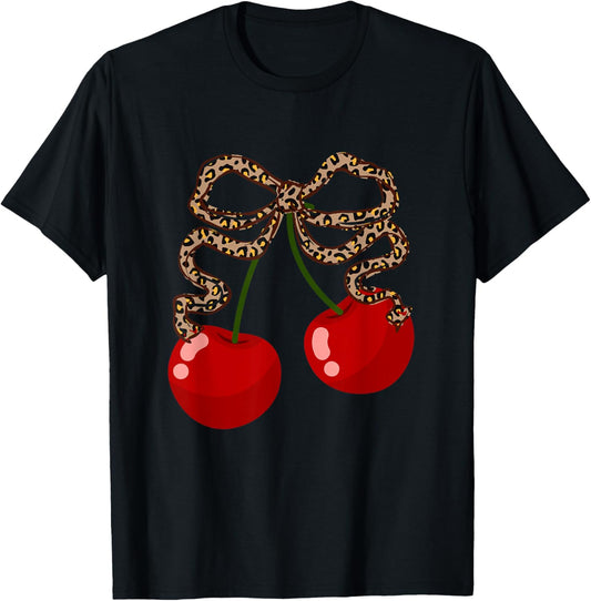 Cherries with leopard coquette bow girl aesthetic T-Shirt - T-Shirt | Black