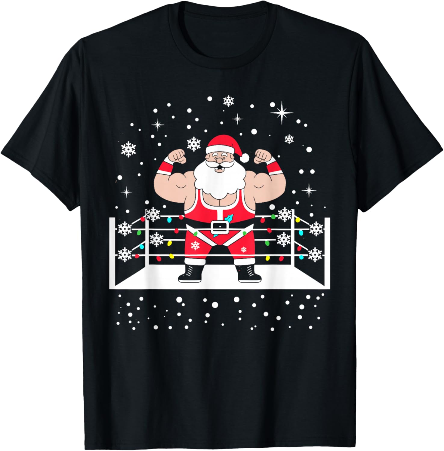 Funny Wrestling Santa Xmas Lights Wrestling Christmas T-Shirt - T-Shirt | Black
