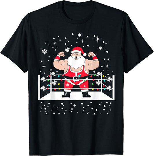 Funny Wrestling Santa Xmas Lights Wrestling Christmas T-Shirt - T-Shirt | Black