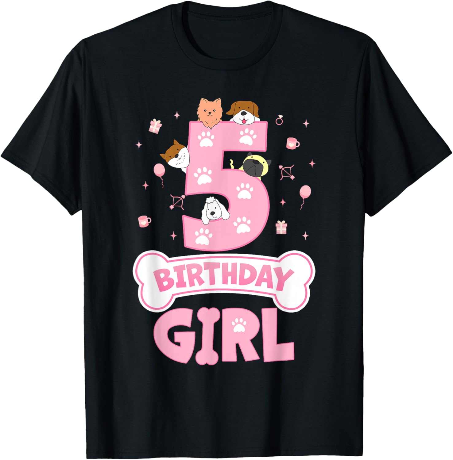 5th Birthday Girl Dog Themed Party 5 Year Old Girl Dog Lover T-Shirt - T-Shirt | Black