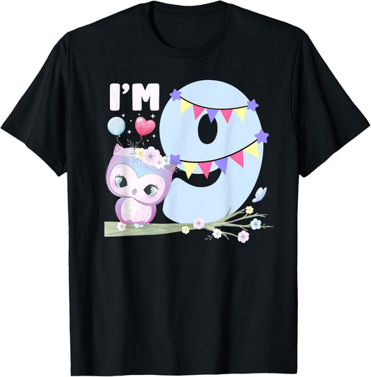 9th Owl Birthday Party Nine Year Old Girl Owl Birthday T-Shirt - T-Shirt | Black