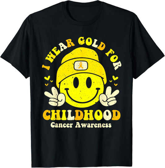 Retro I Wear Gold For Childhood Cancer Awareness Gold Ribbon T-Shirt - T-Shirt | Black