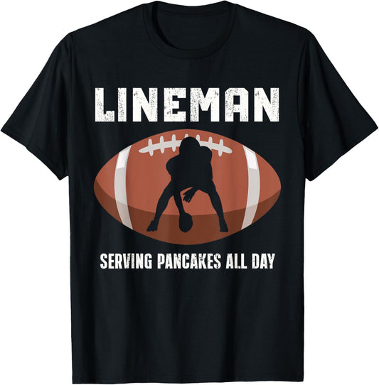 Funny Lineman American Football Serving Pancakes All Day T-Shirt - T-Shirt | Black