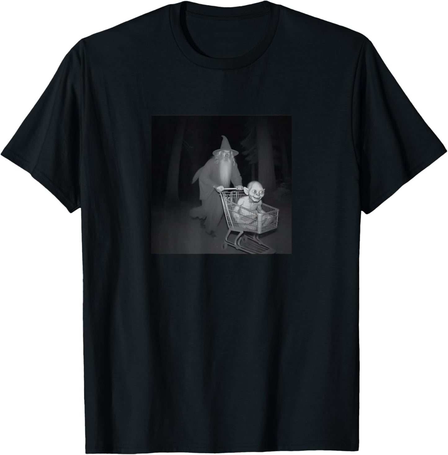 Grey Wizard Pushing Goblin in Cart Black -Adults Short Sleeve Small T-Shirt - T-Shirt | Black