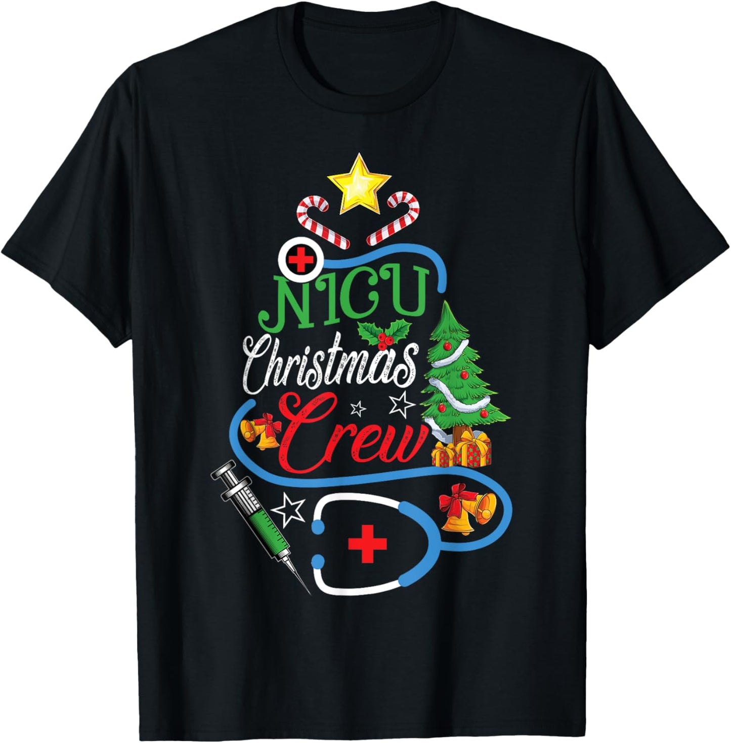 NICU Christmas Crew Stethoscope Neonatal Nursing Xmas T-Shirt - T-Shirt | Black