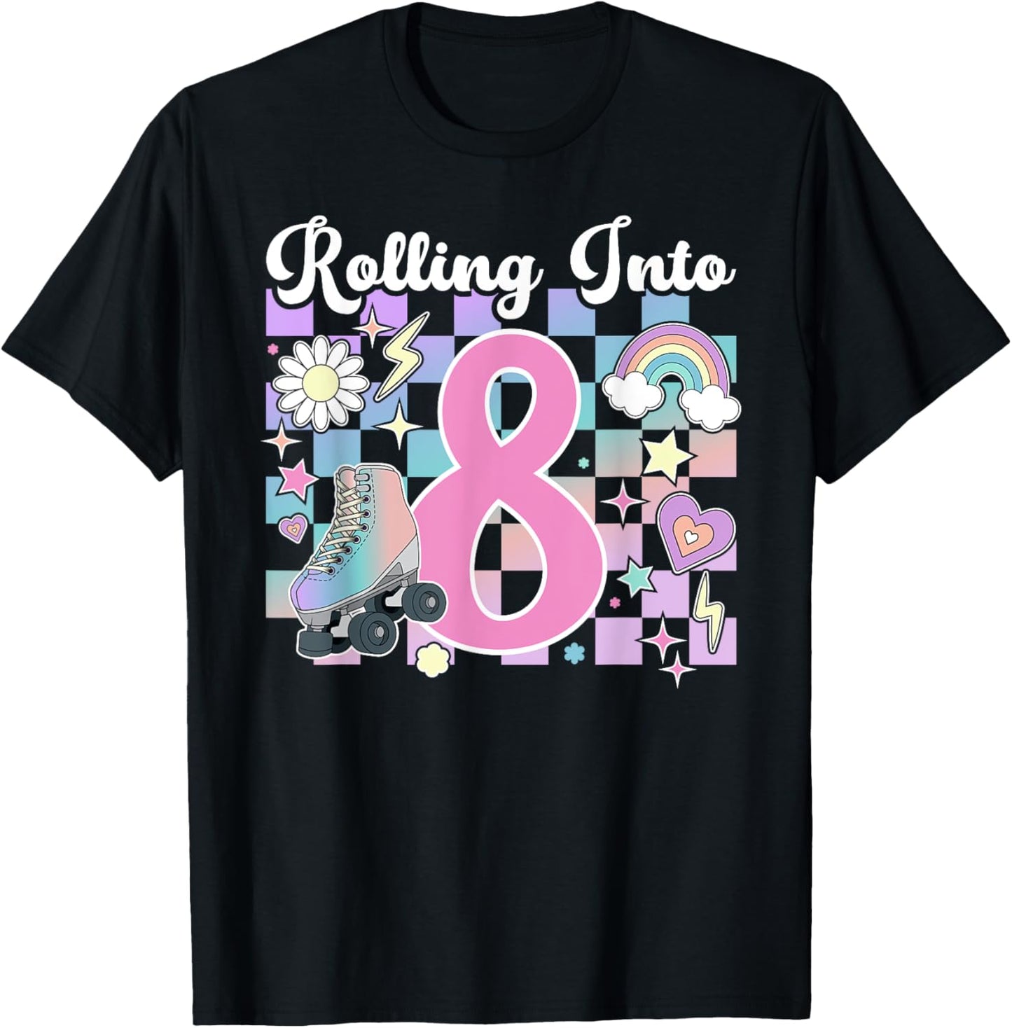 8th Birthday Roller Skate Eight Year Old Roller Skating Girl T-Shirt - T-Shirt | Black