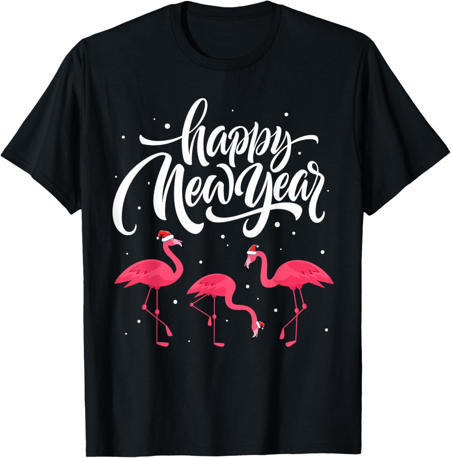 Happy New Year Cute Flamingo Santa Hat Funny Pajama T-Shirt - T-Shirt | Black