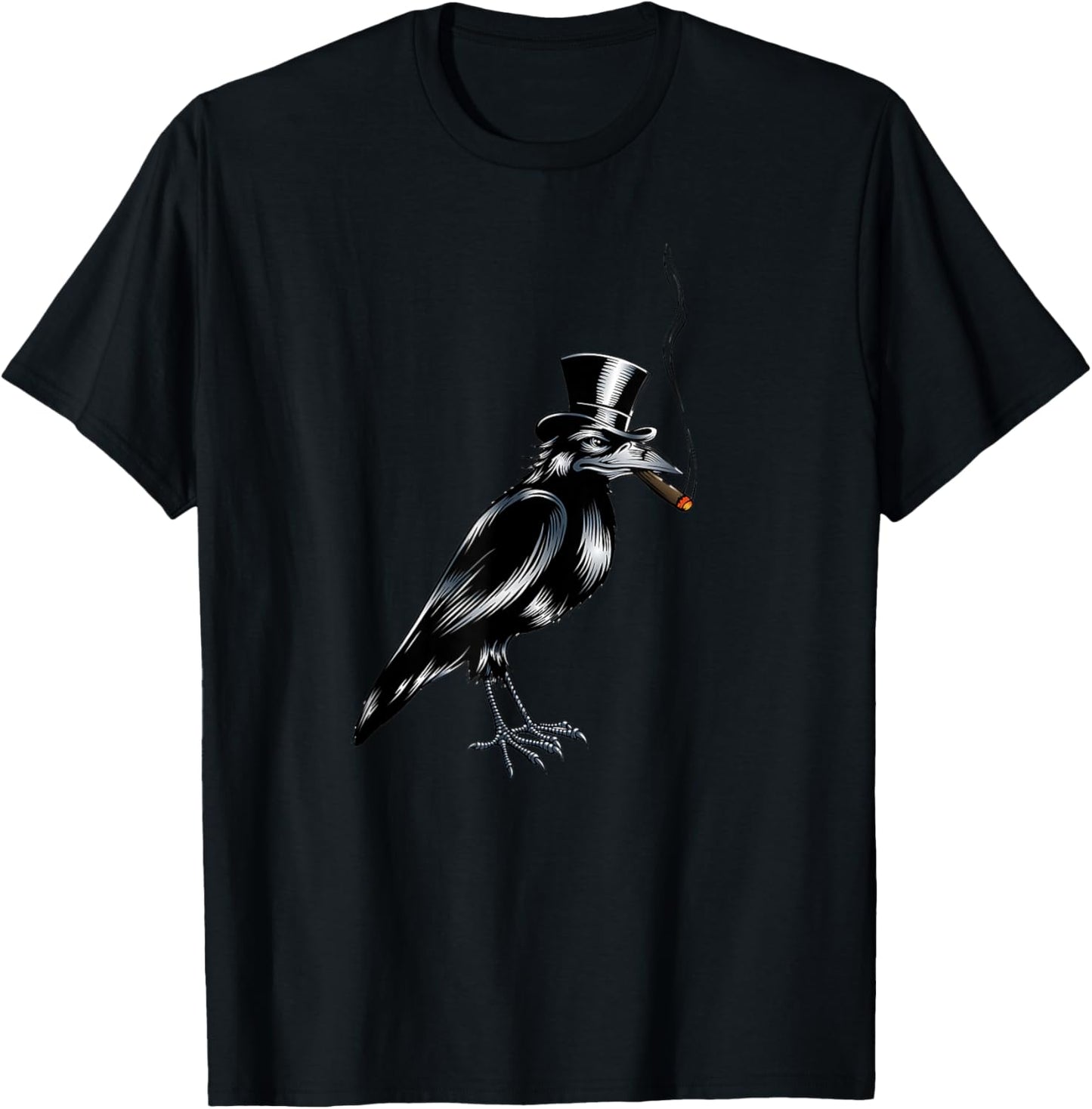 Black Crow Bird Top Hat Smoking Cigar Artwork T-Shirt - T-Shirt | Black