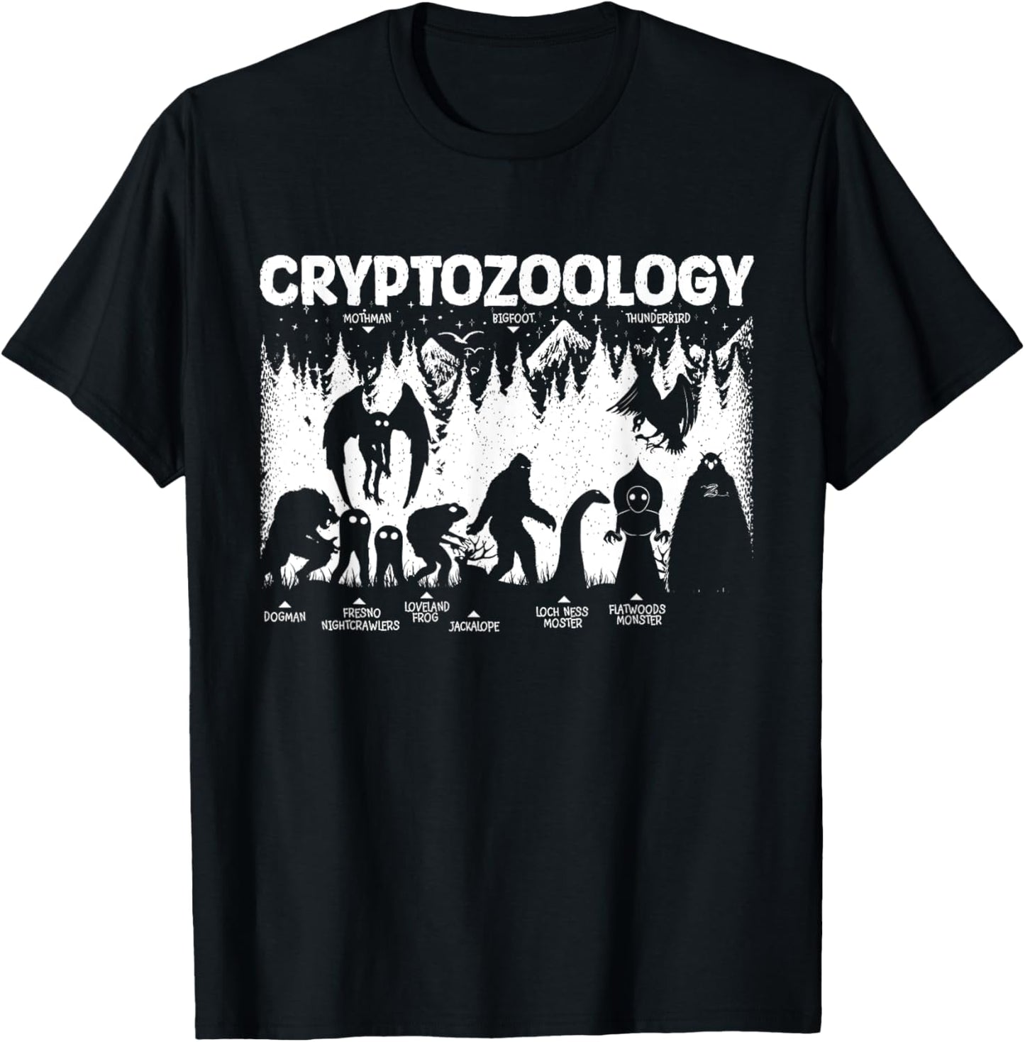 Cryptozoology Cryptid Bigfoot Mothman Dogman Other Monsters T-Shirt - T-Shirt | Black