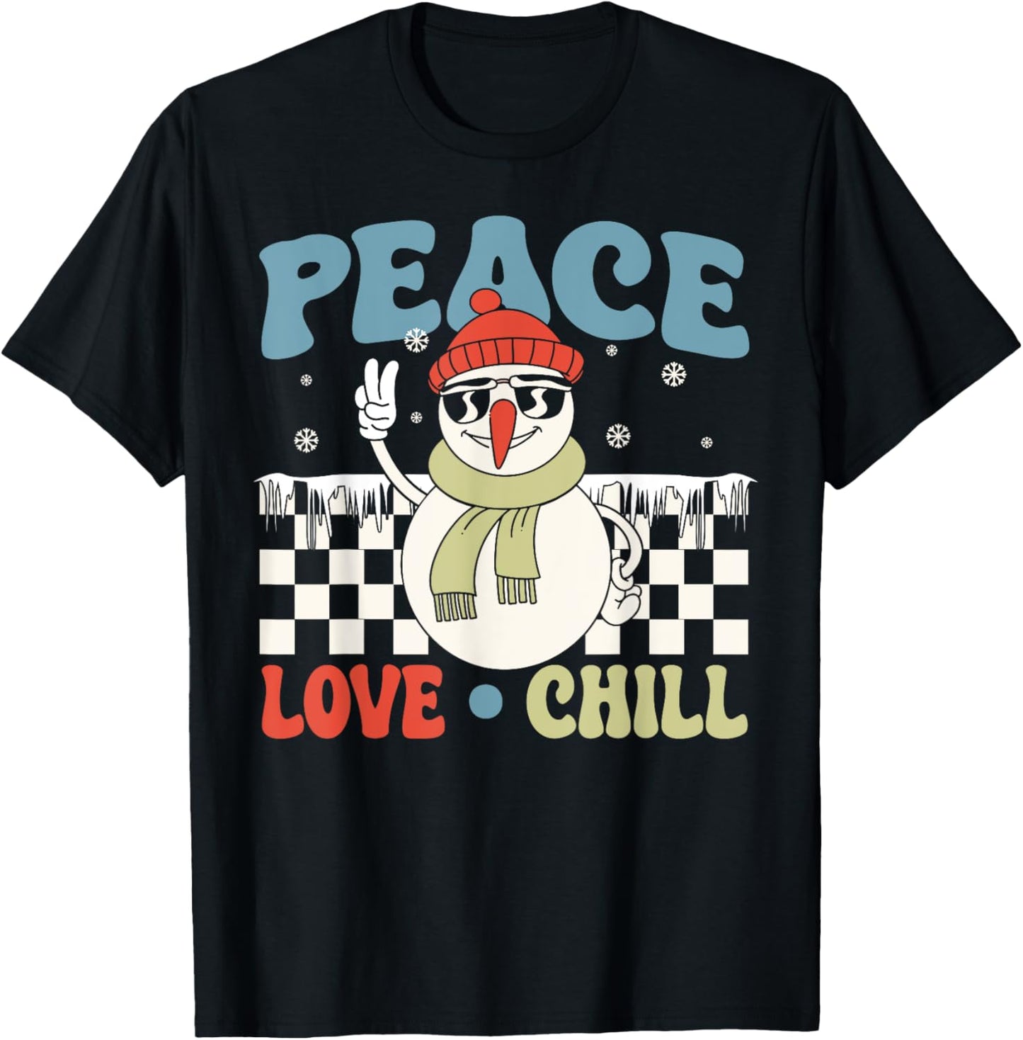 Snowman Peace Love Christmas Chill Hippie Snowman T-Shirt - T-Shirt | Black