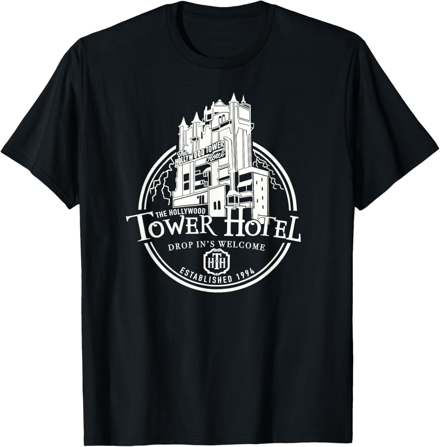 Hollywood Tower Hotel, Theme Park Ride, Drop In's Welcome T-Shirt - T-Shirt | Black