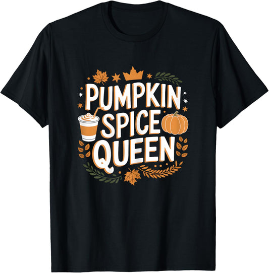 Pumpkin Spice Queen Fall Autumn Thanksgiving Coffee Lover T-Shirt - T-Shirt | Black