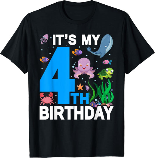 It's My 4th Birthday Party Ocean 4 Years Old Sea Fish B-Day T-Shirt - T-Shirt | Black
