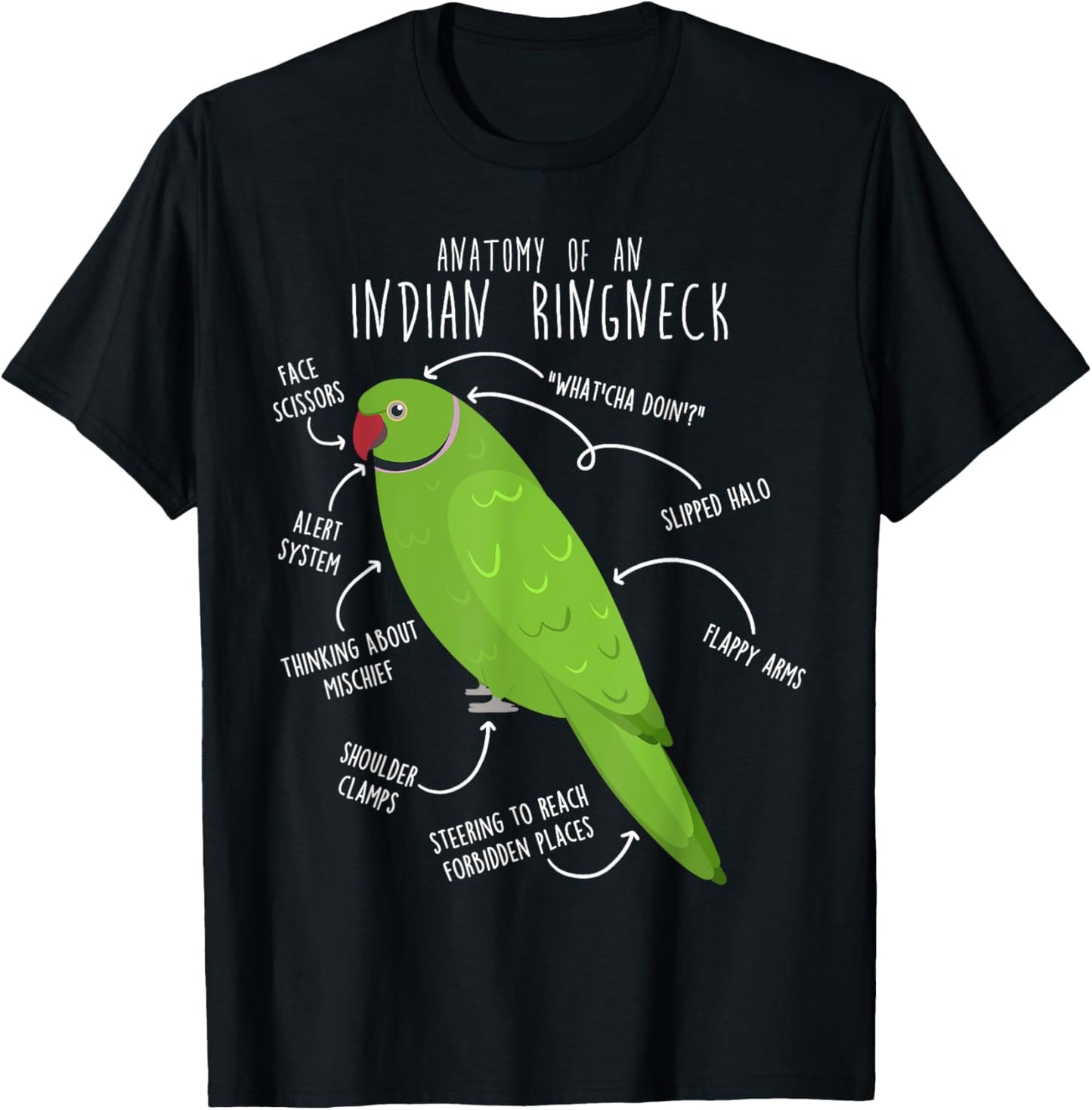 Indian Ringneck Parrot Anatomy Funny Cute Pet Green Bird Mom T-Shirt - T-Shirt | Black