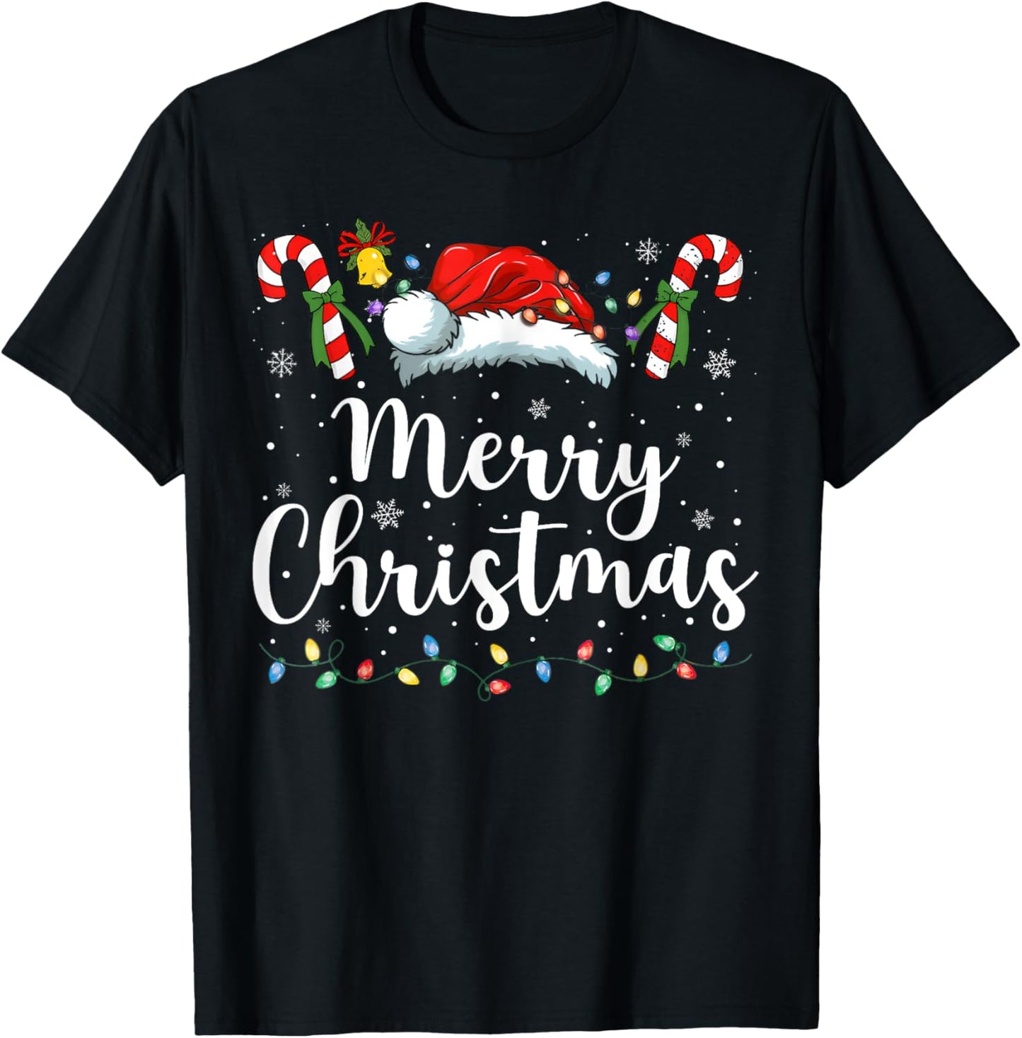 Merry Christmas Lights Red Santa Hat Xmas Family Men Women T-Shirt - T-Shirt | Black