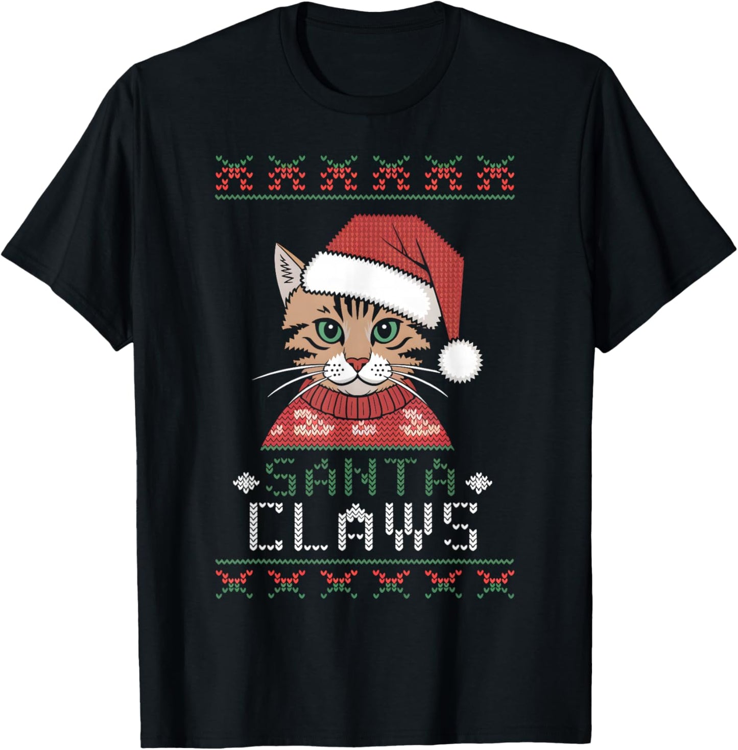 Santa Claw Ugly Christmas Sweater Teen Girls Cat X-Mas T-Shirt - T-Shirt | Black