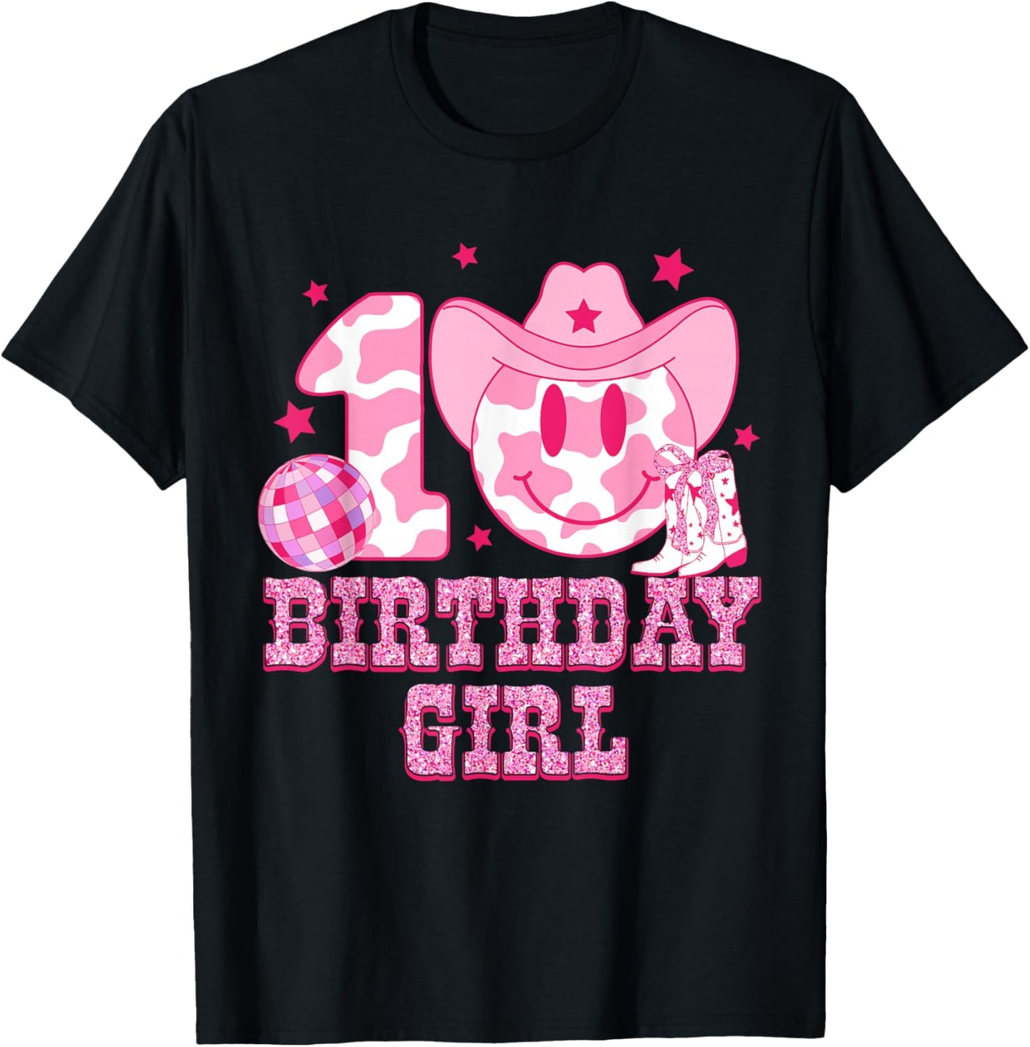 10th Birthday Girls 10 Year Old Cowgirl Western Disco Ball T-Shirt - T-Shirt | Black