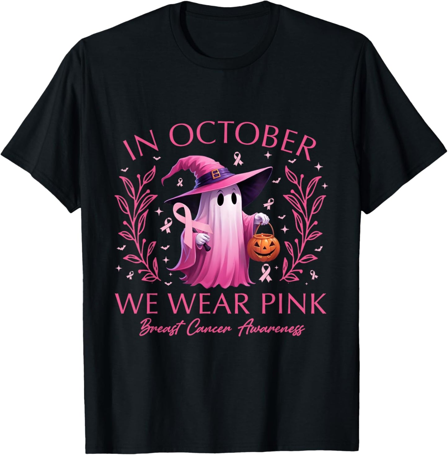 In October We Wear Pink Ghost Witch Breast Cancer Awareness T-Shirt - T-Shirt | Black