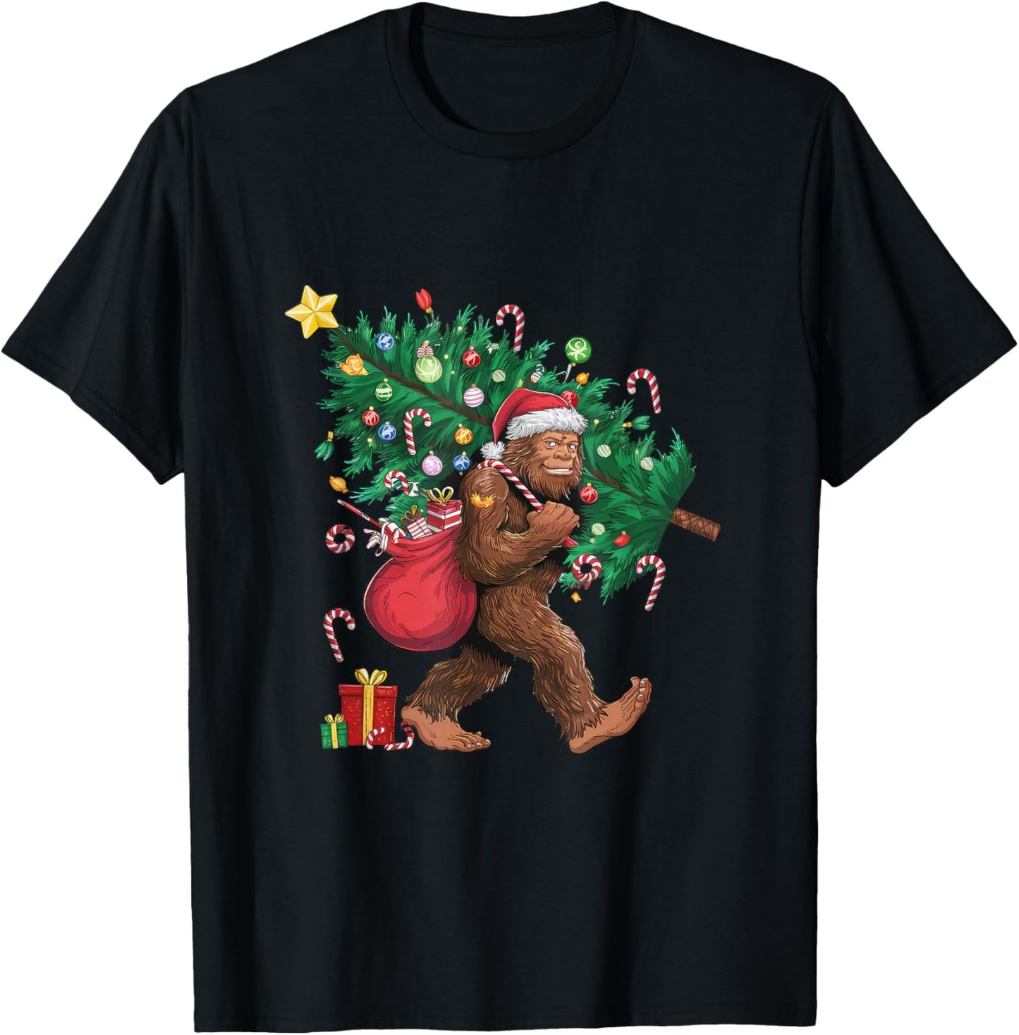 Bigfoot Santa Most Wonderful Christmas Tree Lights Sasquatch T-Shirt - T-Shirt | Black