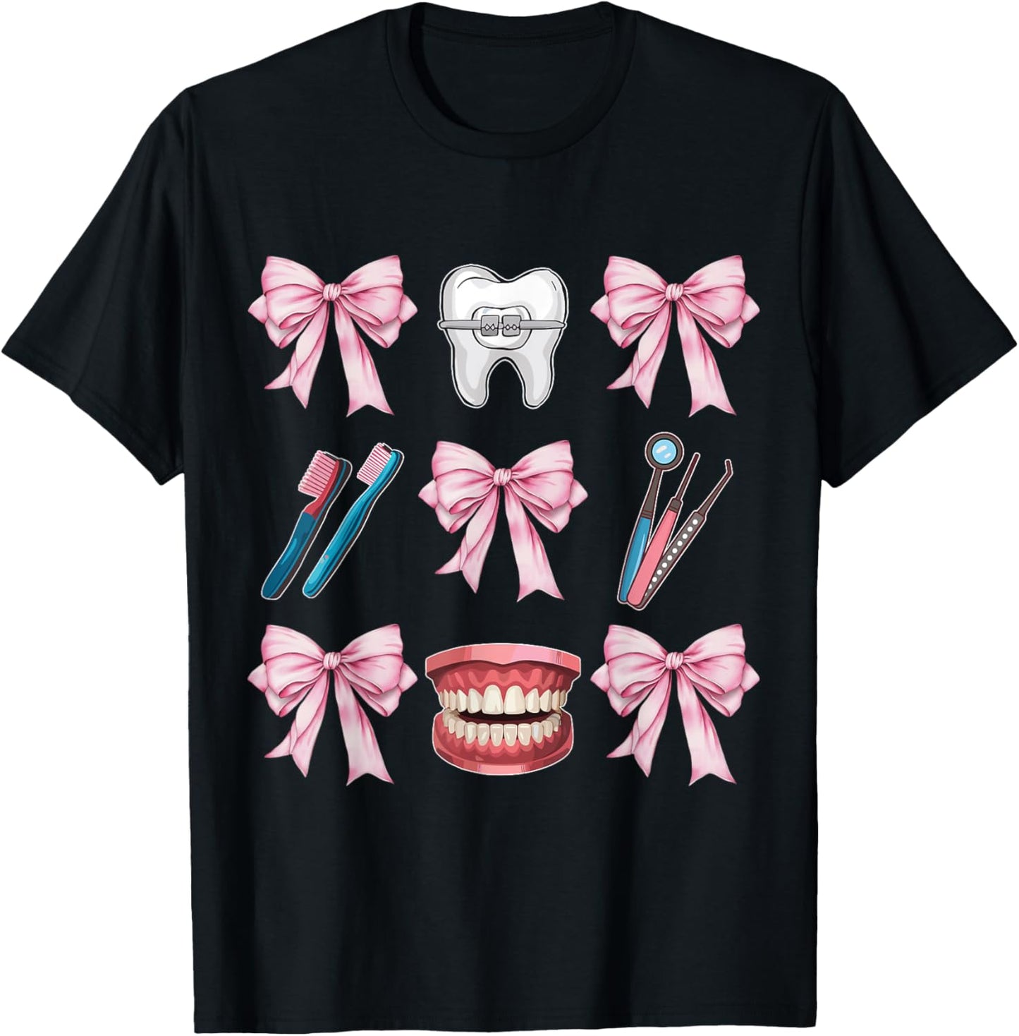 Cute Pink Coquette Bow Dentist Squad Teeth Dental Assistant T-Shirt - T-Shirt | Black
