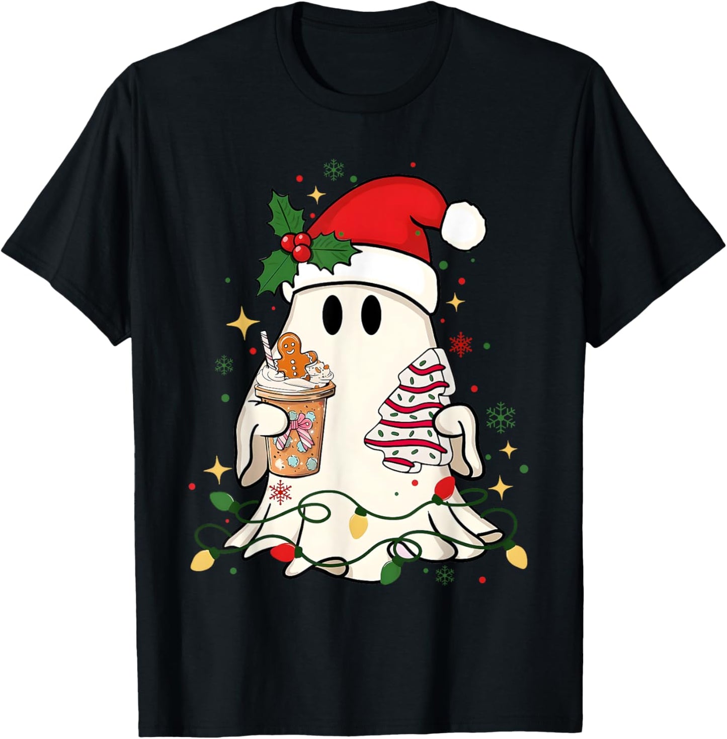 Cute Christmas Ghost Coffee Tree Cake Xmas Lights Boojee T-Shirt - T-Shirt | Black