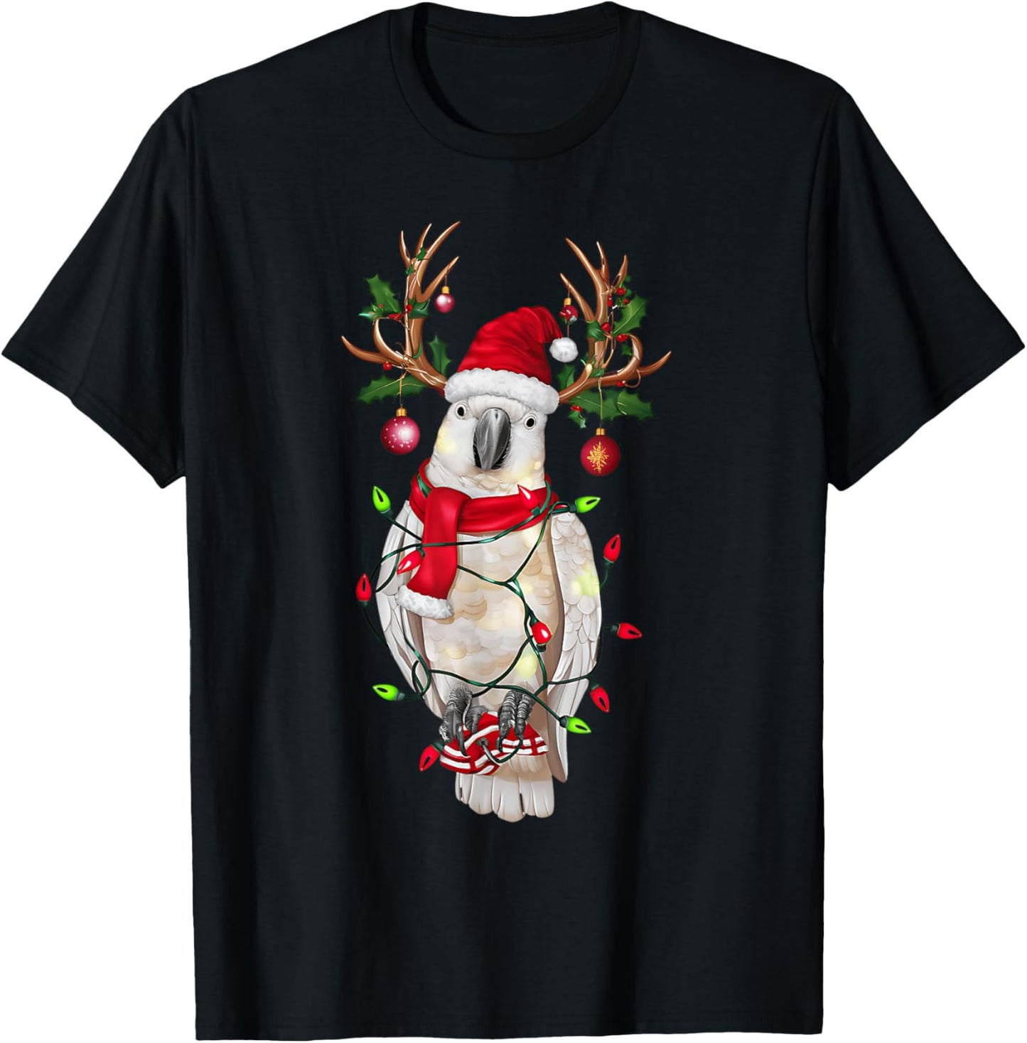 Funny Cockatoo Reindeer Christmas Tree Light Xmas - Black, -Adults & Kids, Short Sleeve, , Size Small T-Shirt - T-Shirt | Black