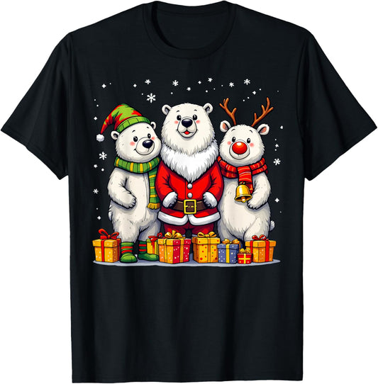 Cute Christmas Polar Bears in Santa Elf and Reindeer Costume T-Shirt - T-Shirt | Black