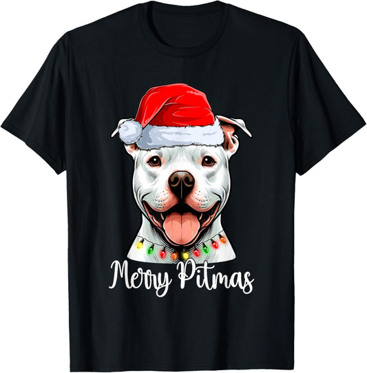 Pit Bull Santa Christmas Tree Lights Xmas Merry Pitmas T-Shirt - T-Shirt | Black