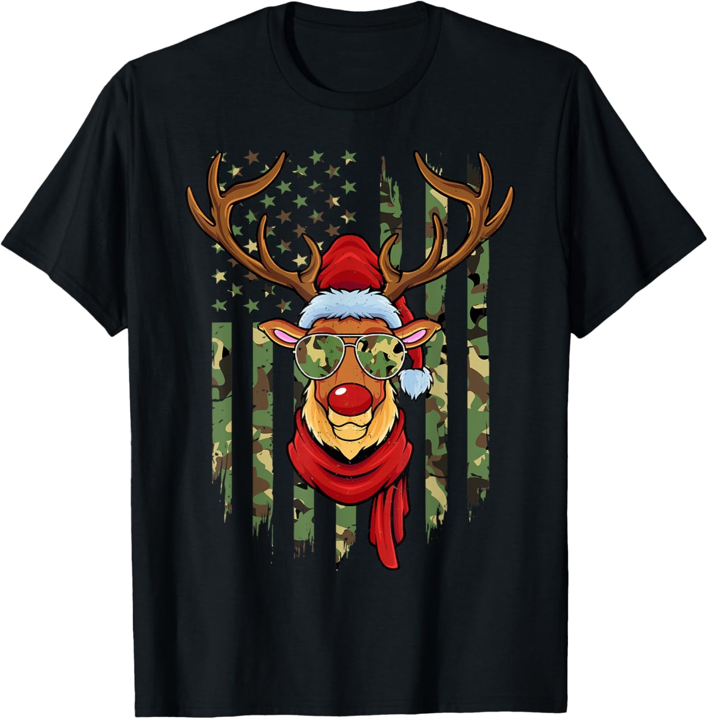 Patriotic Reindeer Camo American Flag Veteran Christmas T-Shirt - T-Shirt | Black