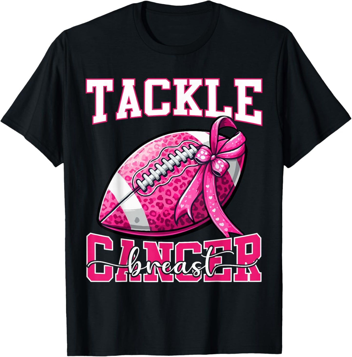 Tackle Breast Cancer Football Women Mom Bow Cancer Awareness T-Shirt - T-Shirt | Black