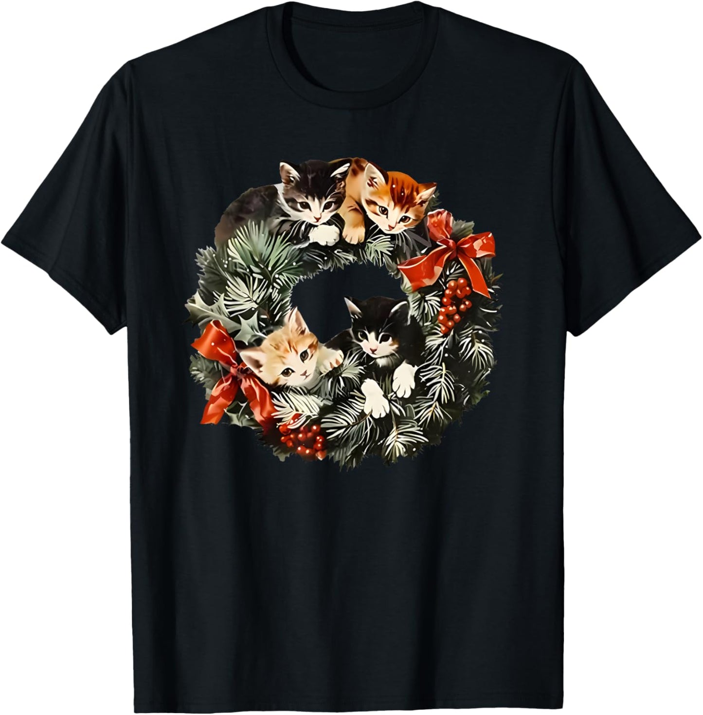 Vintage 90s Cat Christmas T-Shirt - T-Shirt | Black