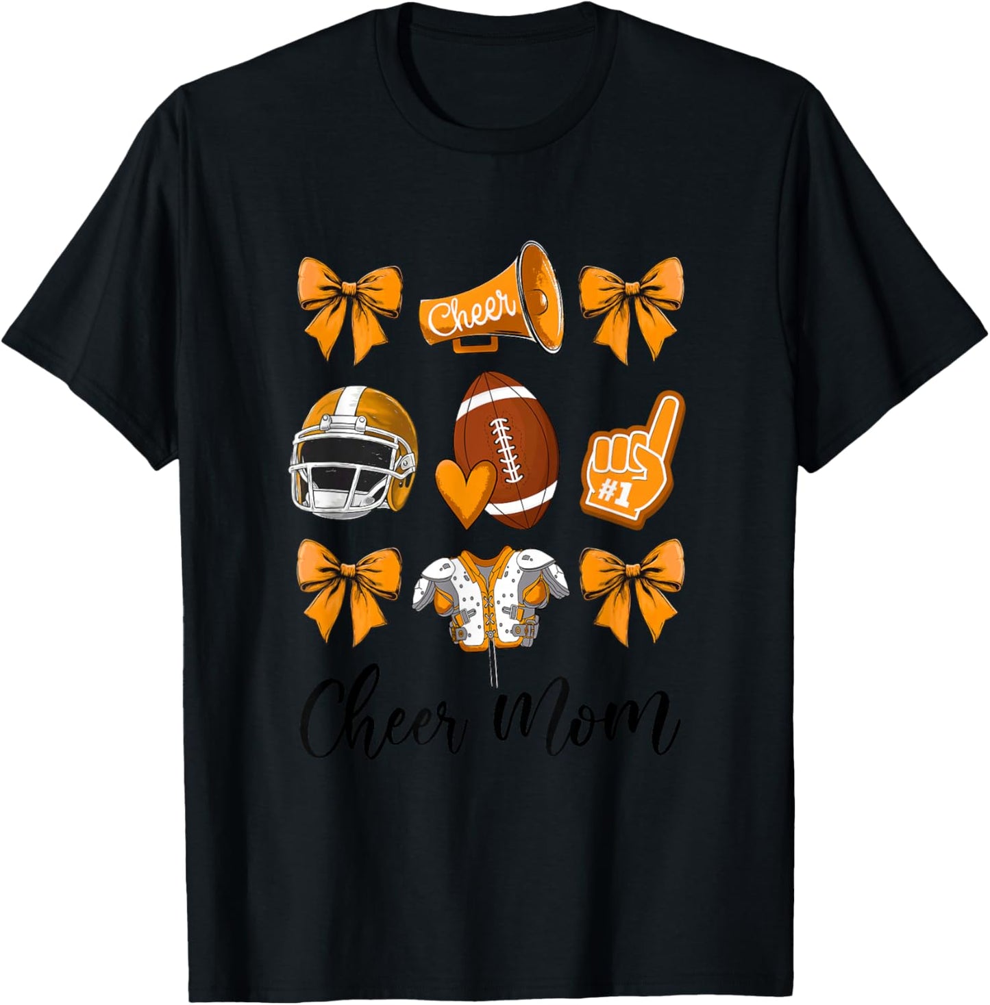 Cheer Mom Orange Women Cheerleading Football Coquette Bow T-Shirt - T-Shirt | Black