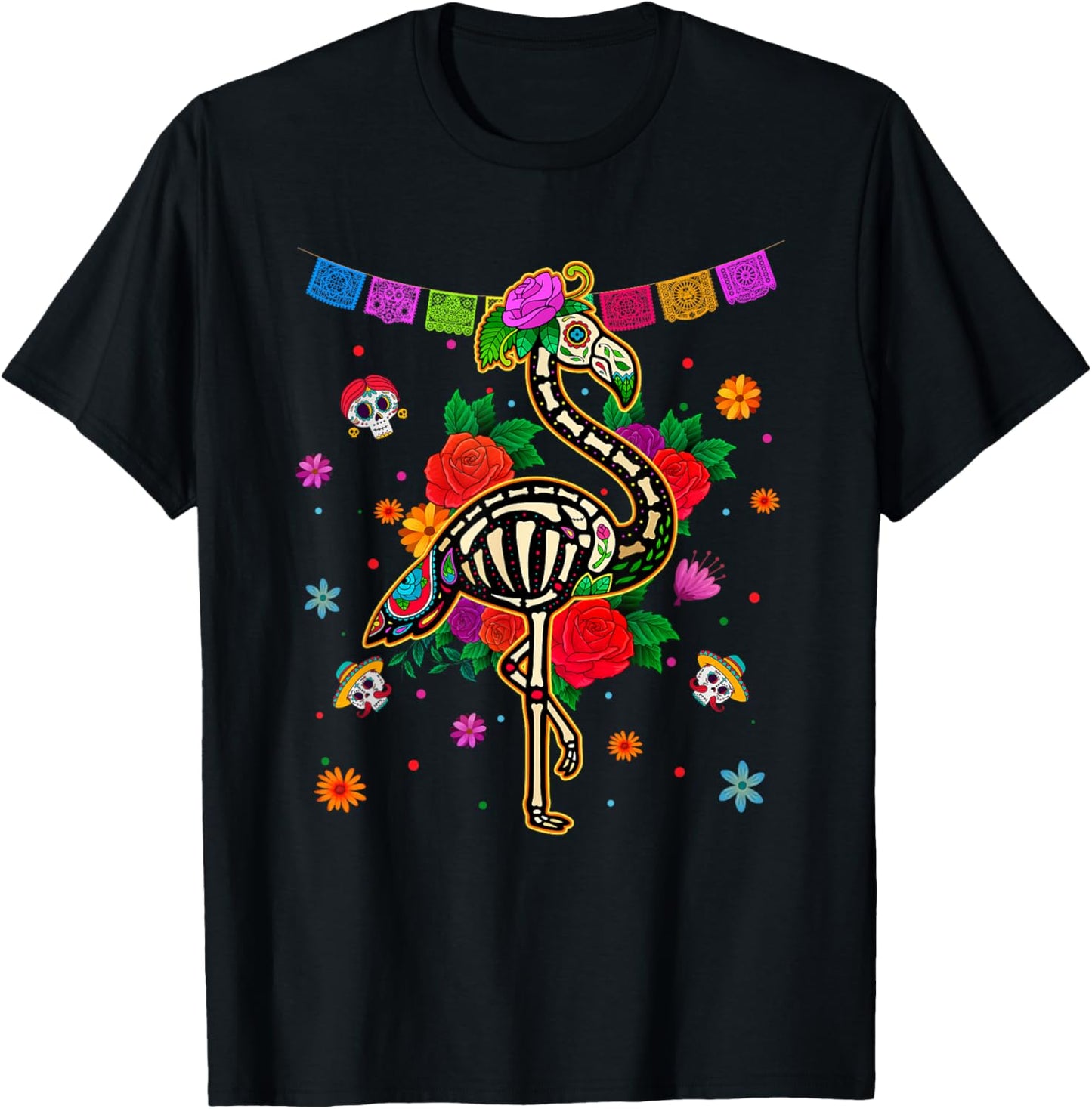 Sugar Skull Pink Flamingo Flowers Dia de Muertos Halloween T-Shirt - T-Shirt | Black