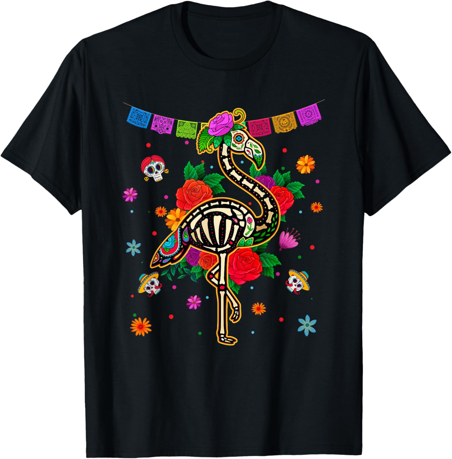 Sugar Skull Pink Flamingo Flowers Dia de Muertos Halloween T-Shirt - T-Shirt | Black