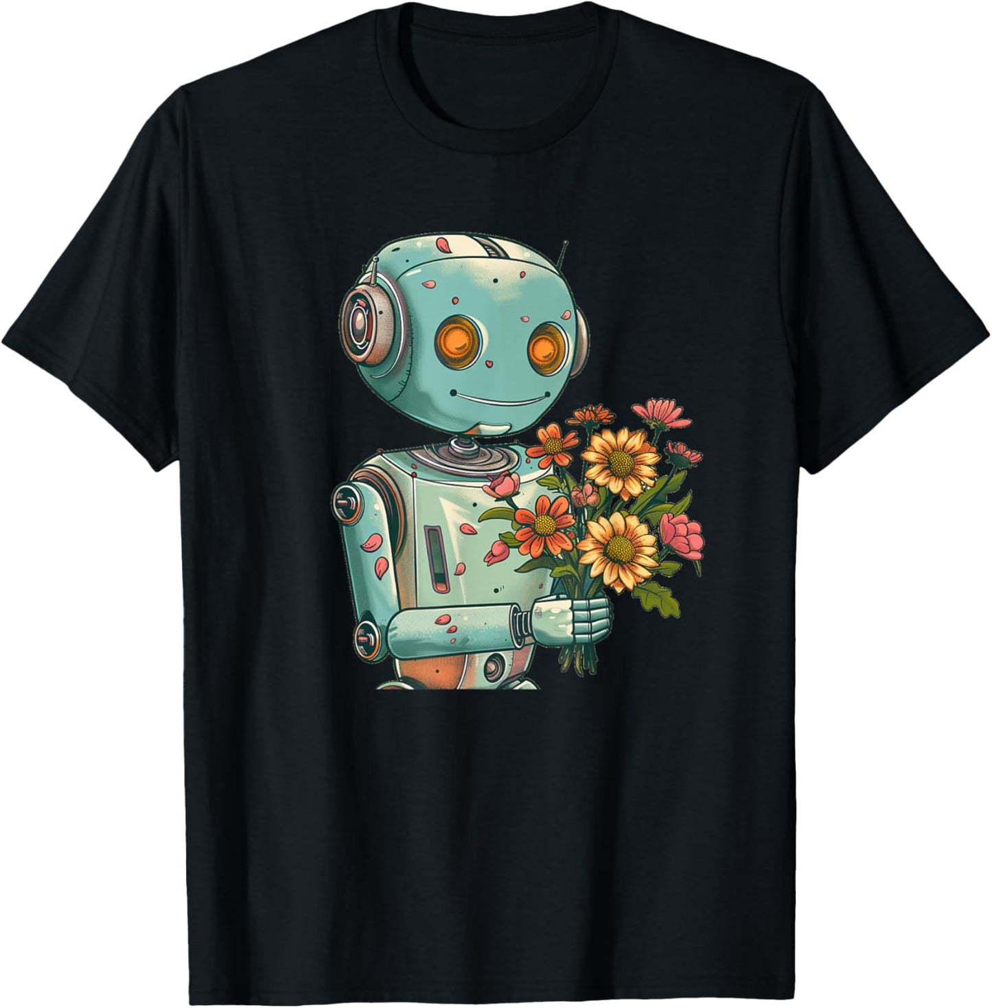 Robot with Bloom and Flowers Outfit for Boys and Girls T-Shirt - T-Shirt | Black