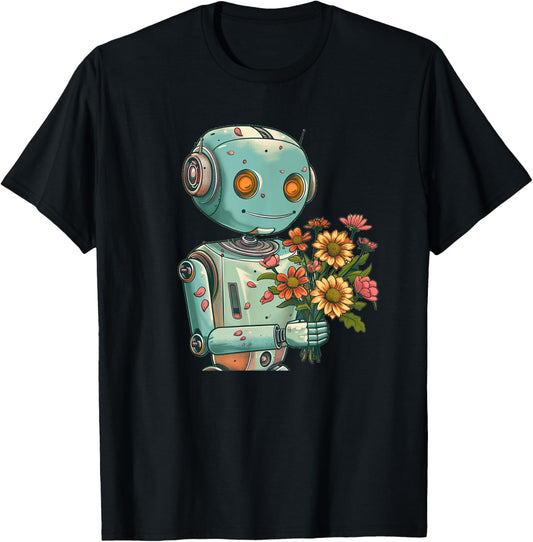 Robot with Bloom and Flowers Outfit for Boys and Girls T-Shirt - T-Shirt | Black