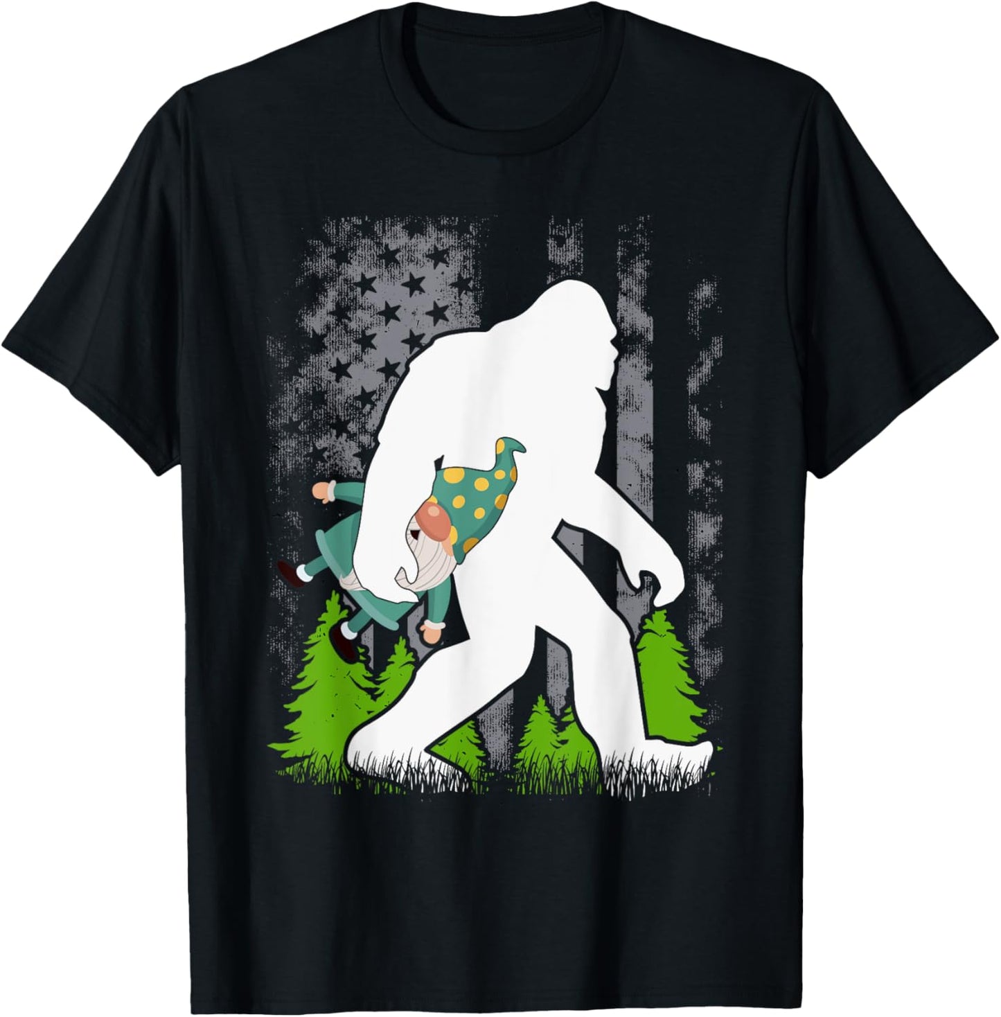 Bigfoot Carrying Gnome Funny Cute Sasquatch T-Shirt - T-Shirt | Black