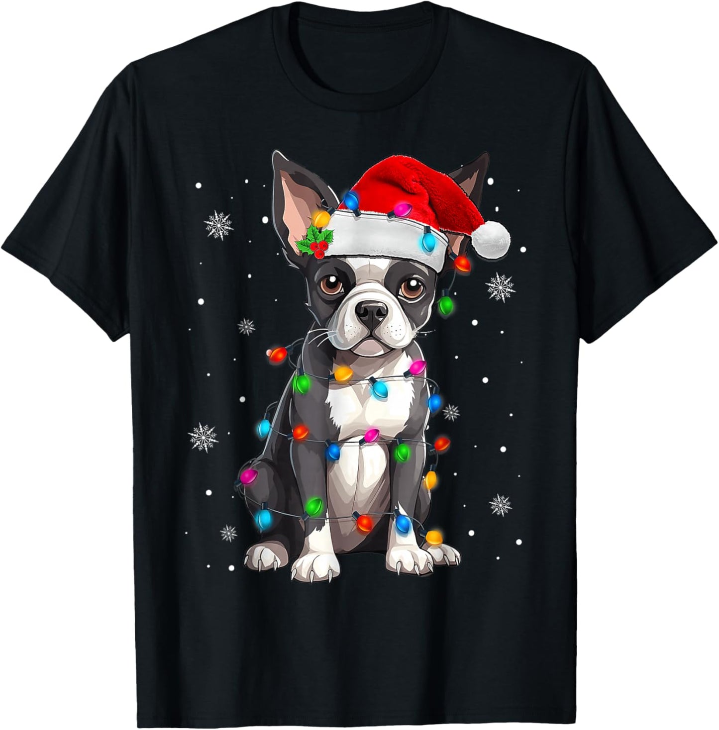 Boston Terrier Christmas Santa Hat Tree Lights Pajama T-Shirt - T-Shirt | Black