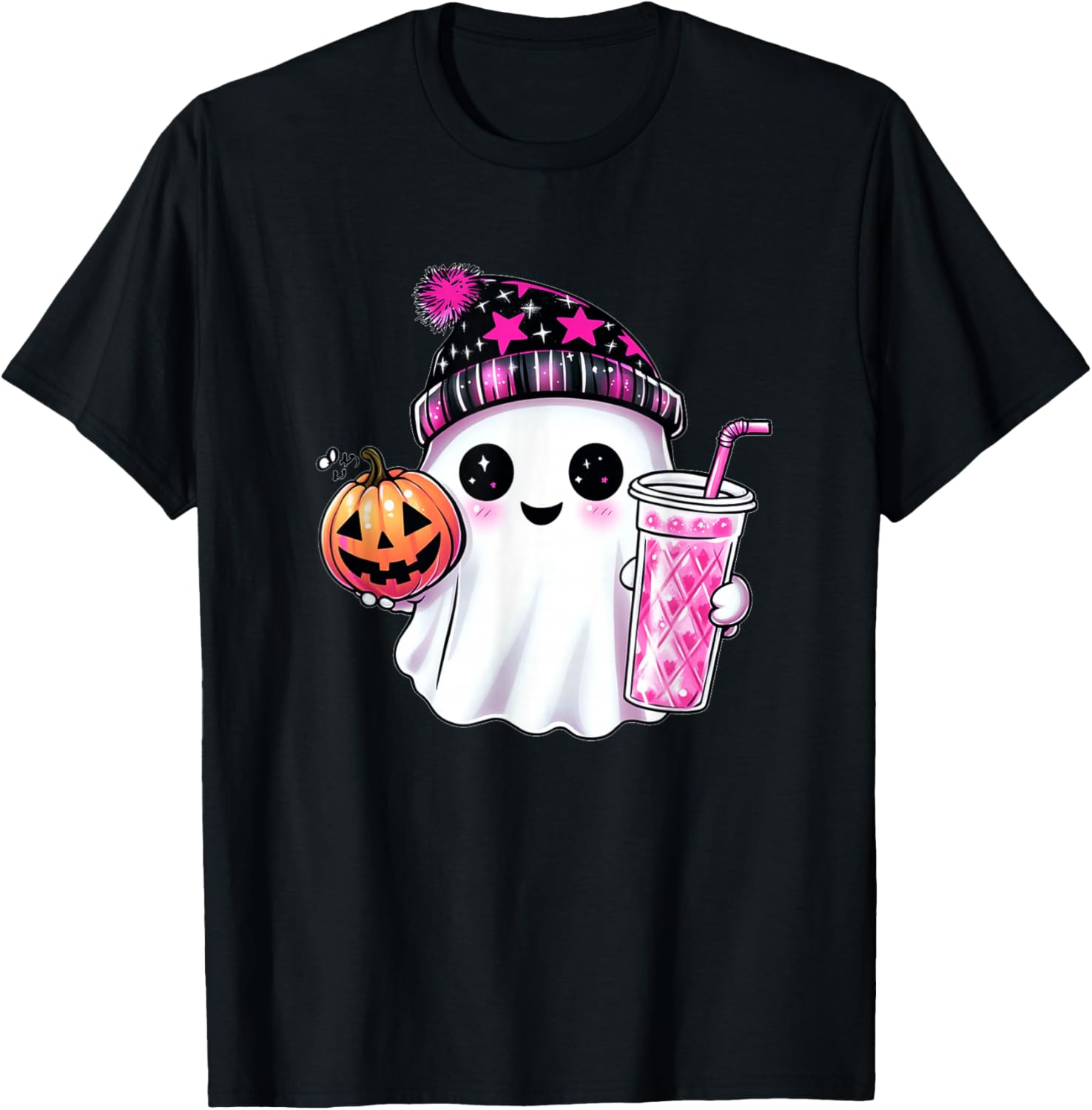 Cute Ghost Drinking Coffee Halloween Ghost Ice Coffee T-Shirt - T-Shirt | Black