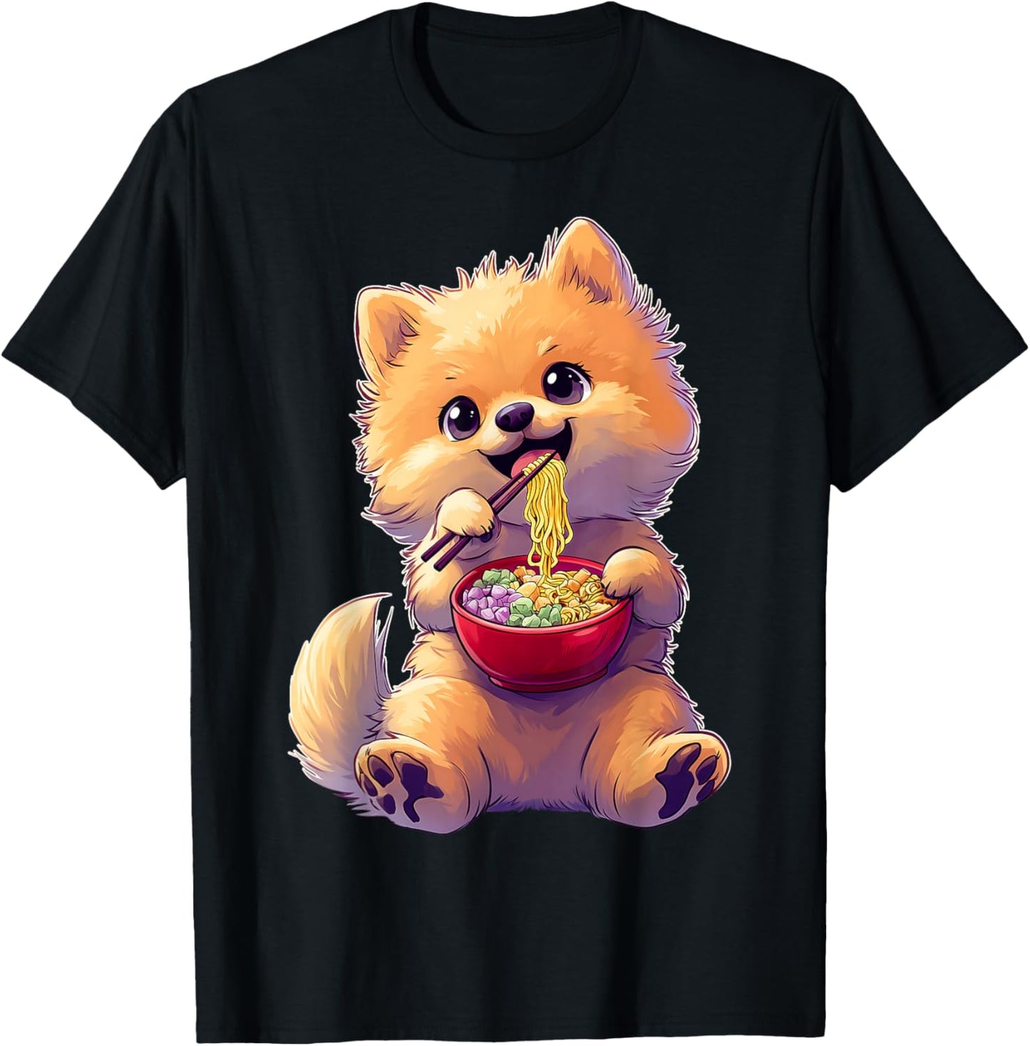 Pomeranian Dog Ramen Japanese Noodles Cute Kawaii T-Shirt - T-Shirt | Black