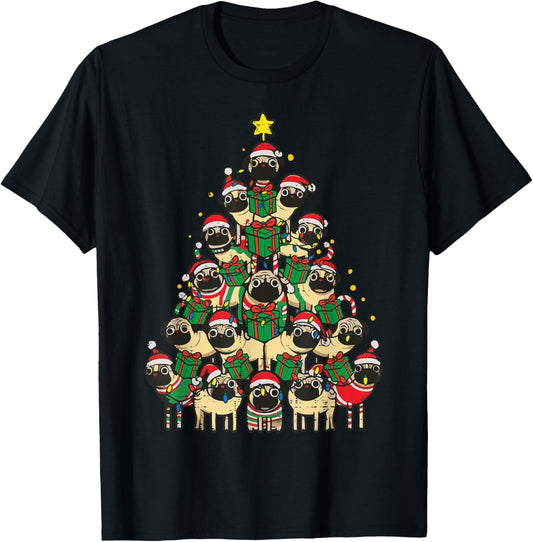 Dog Pugs Christmas Tree Cute Xmas Boys Girls Kids Women Men T-Shirt - T-Shirt | Black