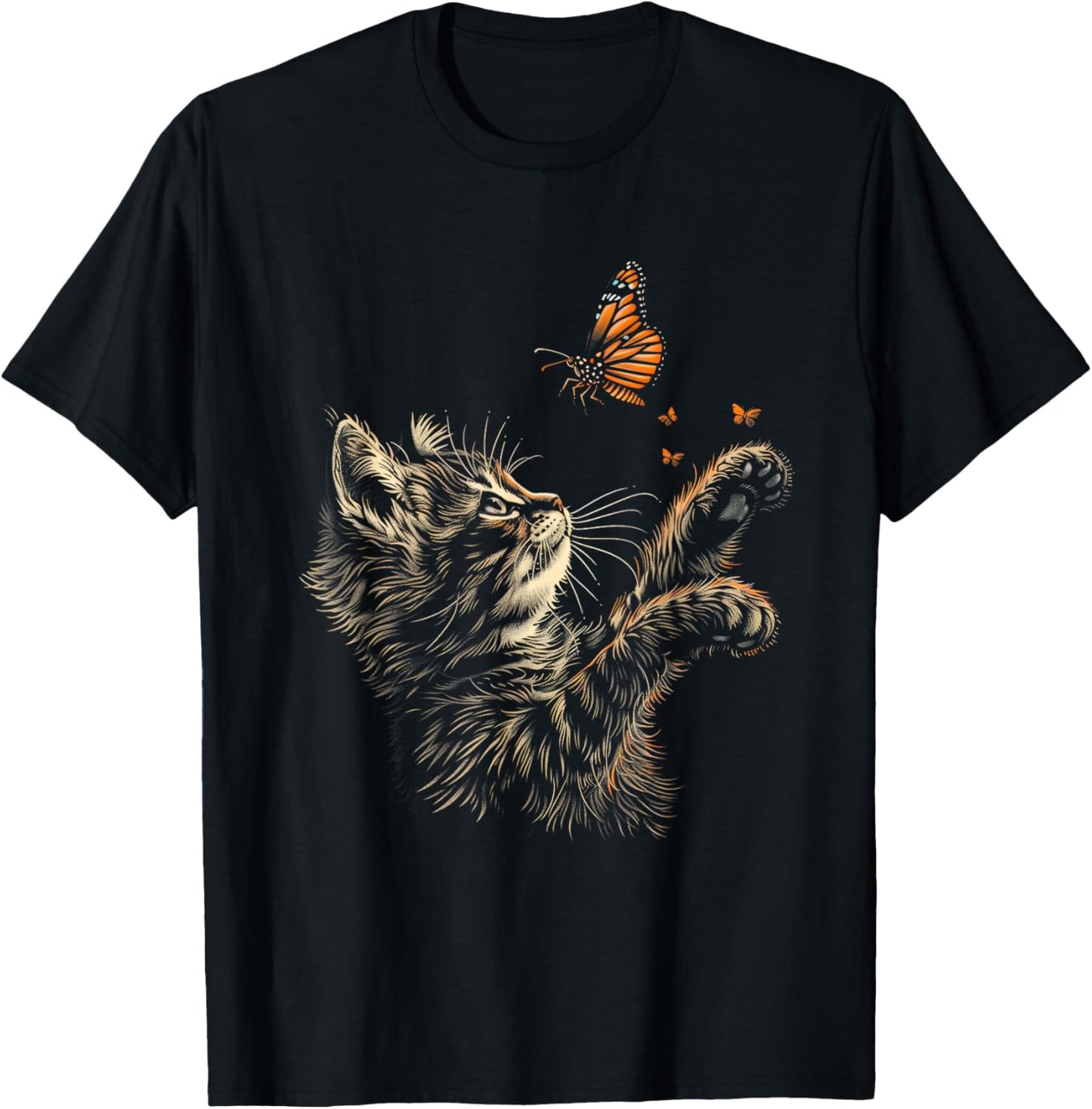 Cute Cat Butterfly Graphic Women Teens Girls T-Shirt - T-Shirt | Black