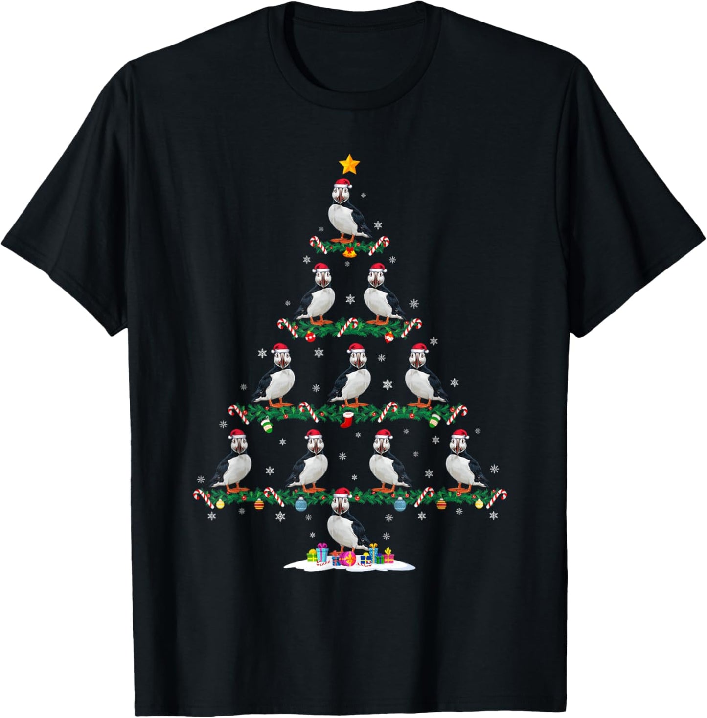 Puffin Christmas Tree Pajama Men Women Kids Ugly Xmas T-Shirt - T-Shirt | Black