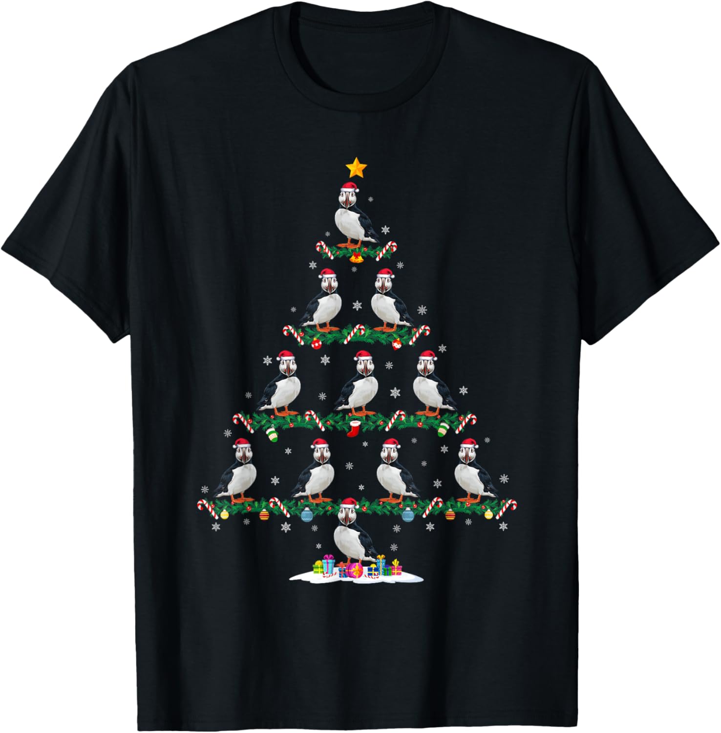 Puffin Christmas Tree Pajama Men Women Kids Ugly Xmas T-Shirt - T-Shirt | Black