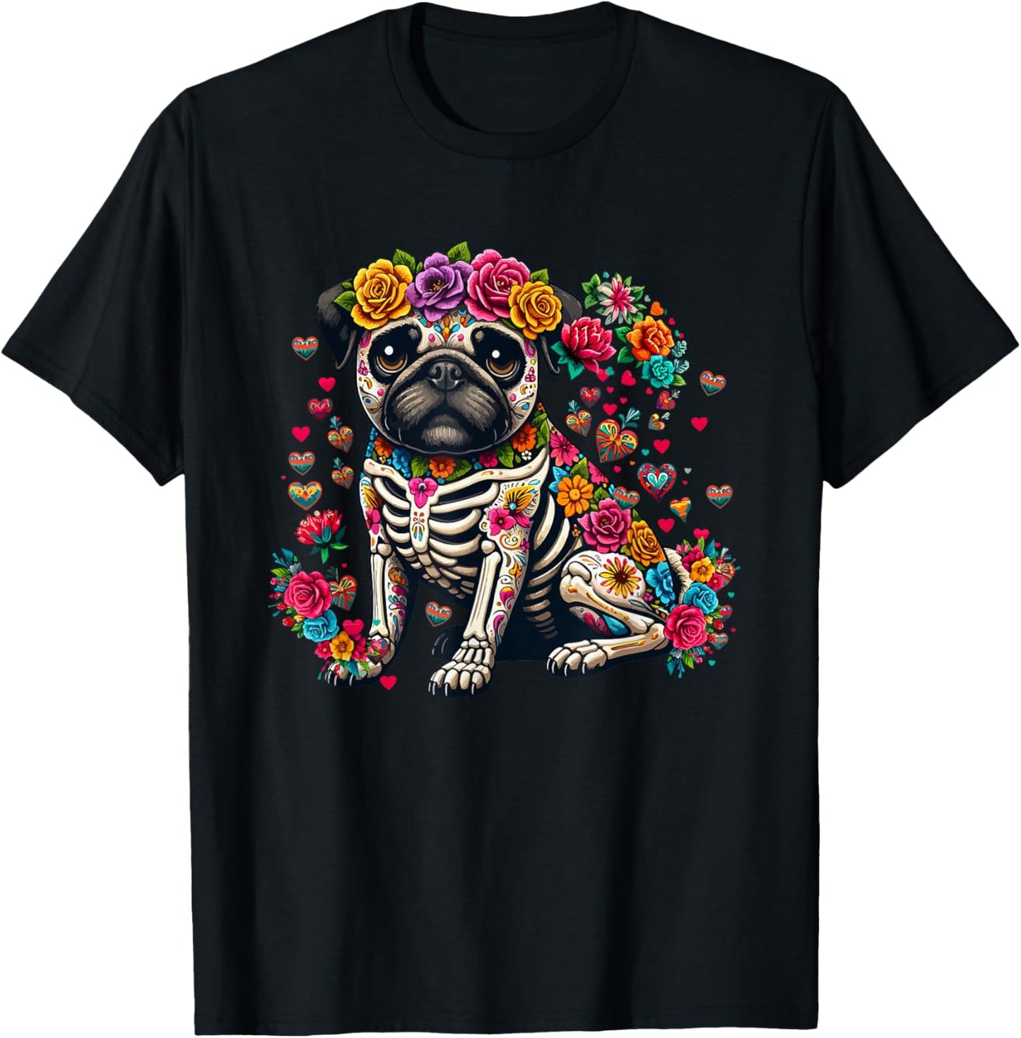 Pug Floral Skeleton Dia De Los Muertos Mexican Lover Owner T-Shirt - T-Shirt | Black