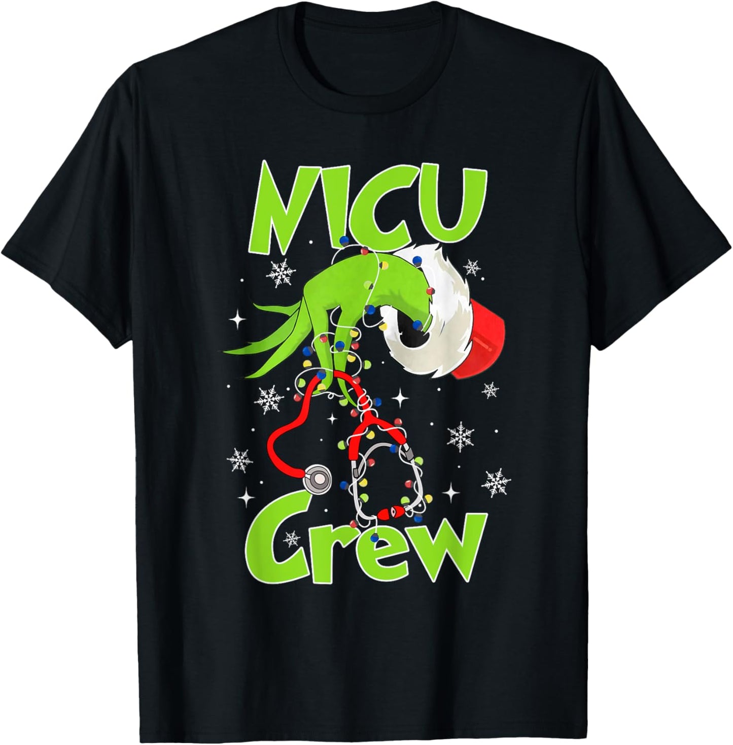 Nurse Christmas Stethoscope NICU Crew Xmas Lights Pajamas T-Shirt - T-Shirt | Black