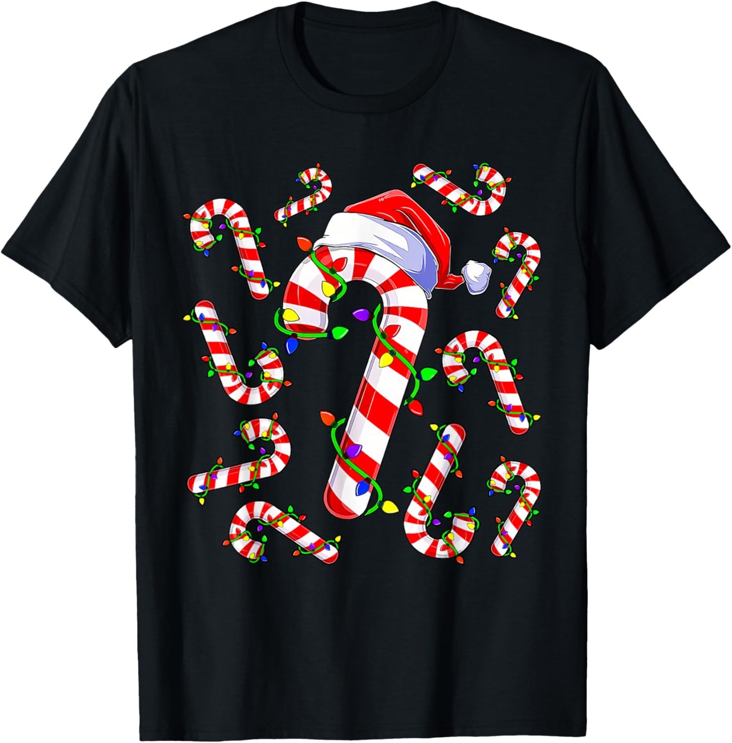 Red and White Christmas Candy Cane Santa Lights Christmas T-Shirt - T-Shirt | Black
