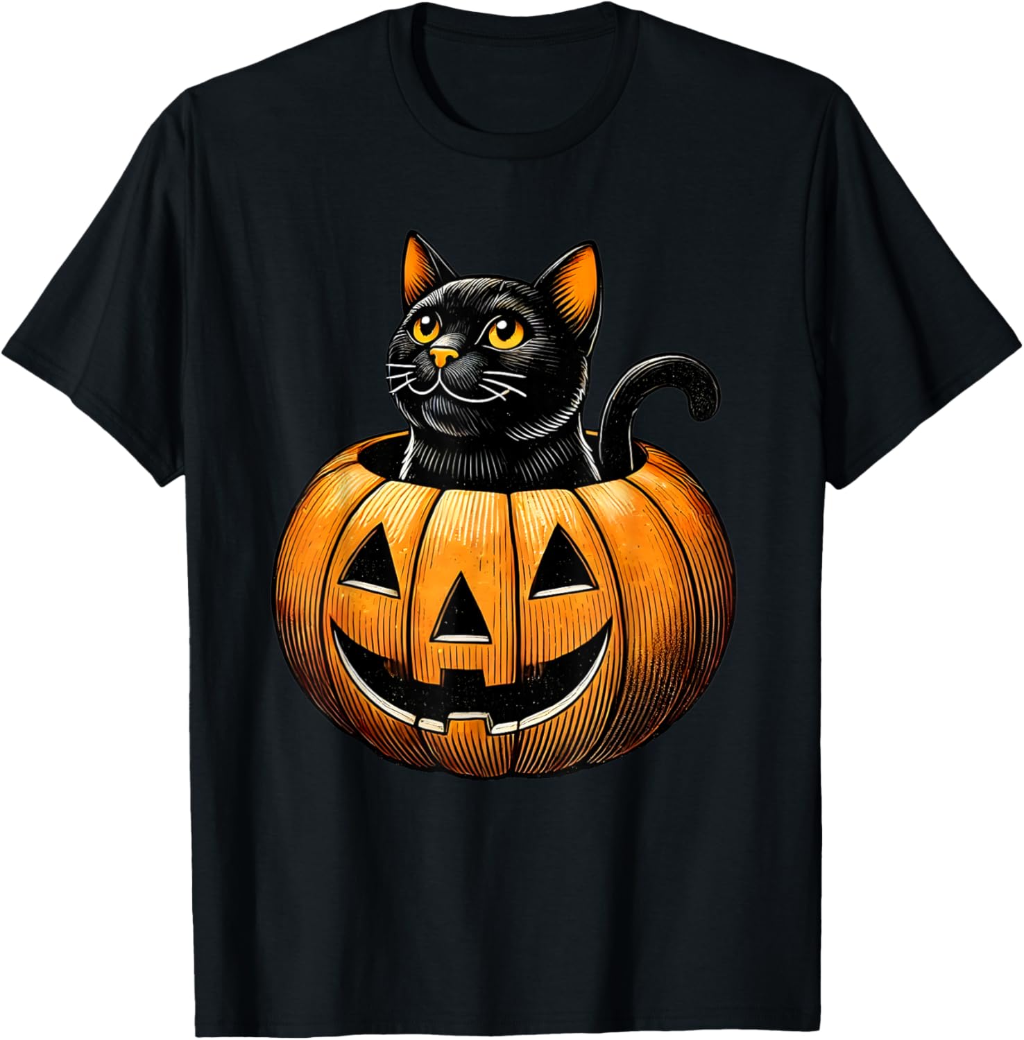 Retro Black Cat in Pumpkin Fun Halloween Costume Men Women Kids T-Shirt - T-Shirt | Black